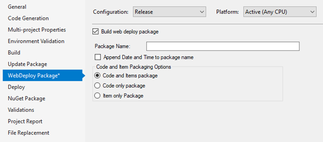 Window showing Web Deploy Package Tab